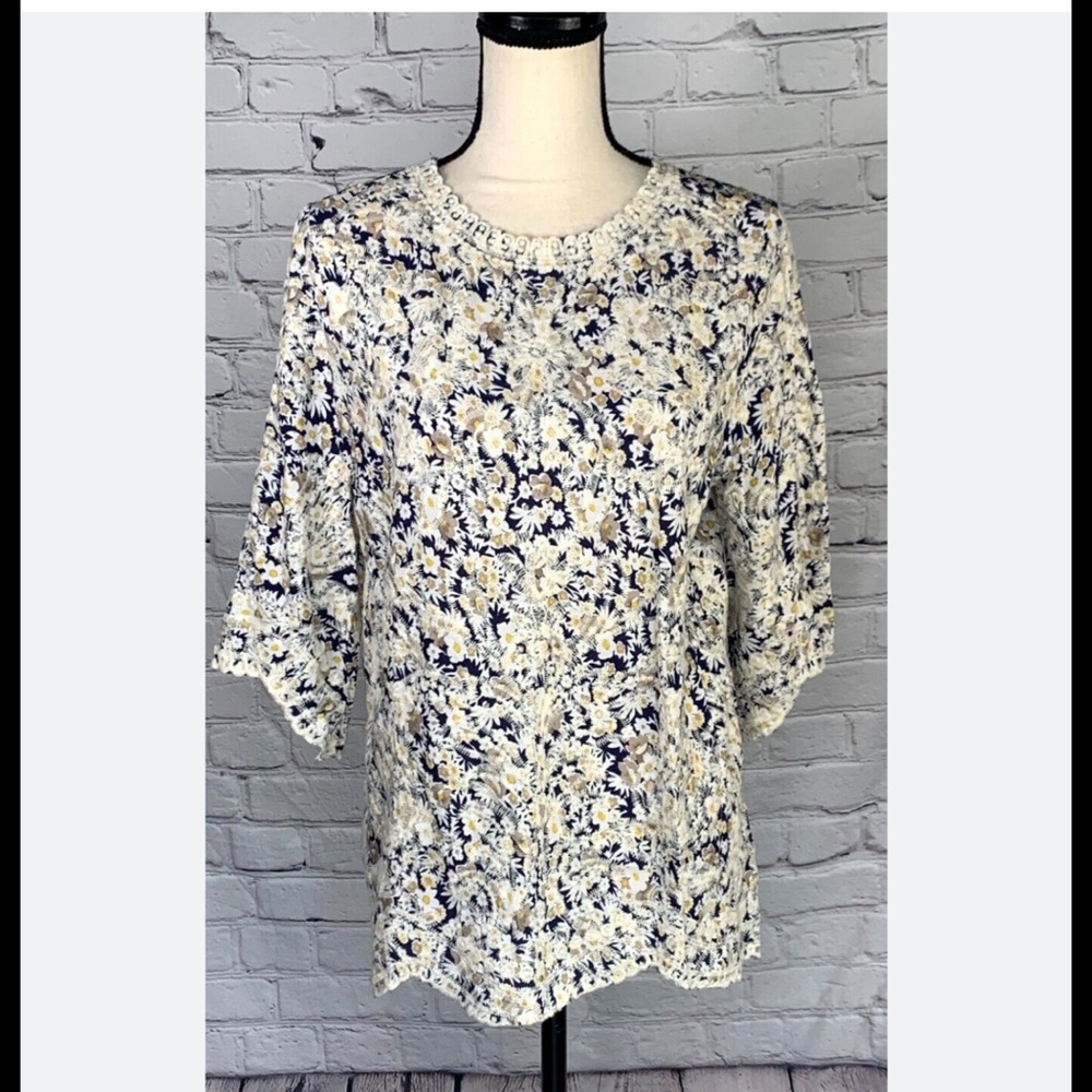 NWOT Solitaire Anthropologie Peasant Floral Top Boho Embroidered 3/4 Sleeve